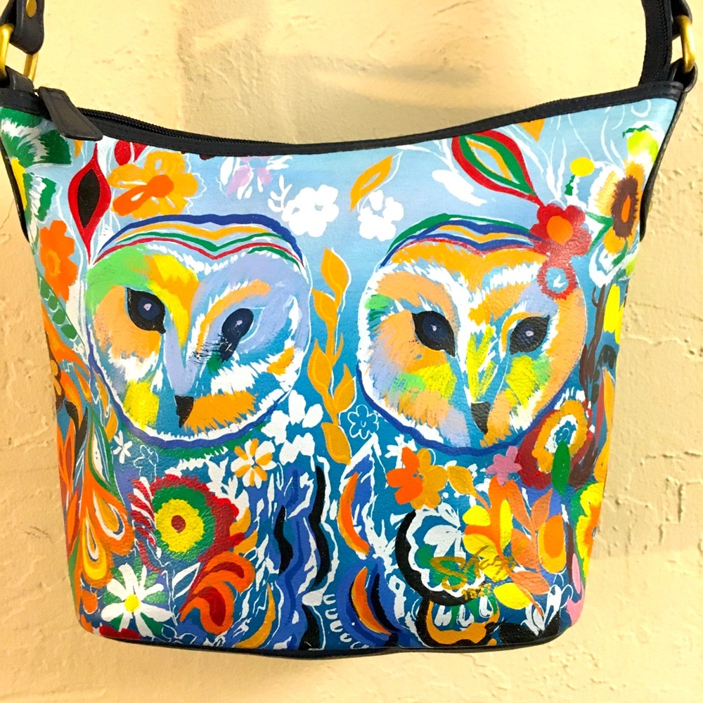 Sharif Owl Hand Painted Leather Crossbody Bag Blue Green Artistic Expressions